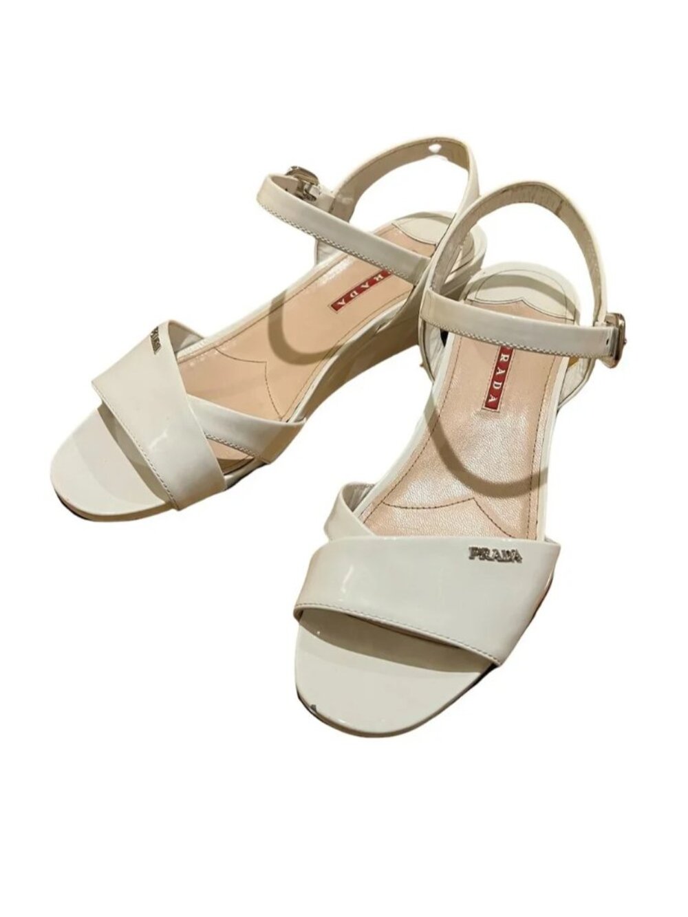 💯 Authentic PRADA White Patent Crisscross Vernice Linea Rossa Wedge Sandals - Picture 2 of 12